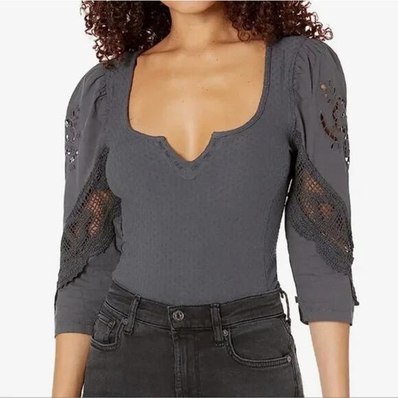 Free People Tops - FREE PEOPLE Floral Lace Embroidered Brunch Date Top Gray Romantic Crochet S